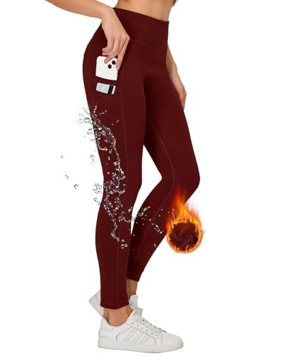 H.MILES Thermo Sport Leggings Damen Winter Wasserdicht Fleece Gefüttert Leggins Hohe Taille Blickdicht Sportleggings Laufhose mit Taschen Rot L von H.MILES