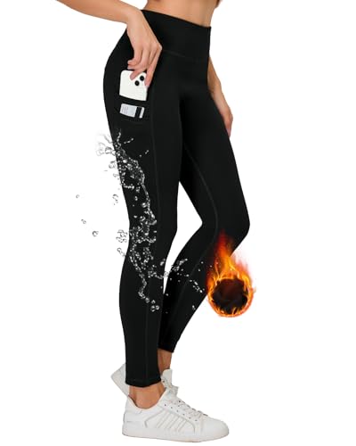 H.MILES Thermo Sport Leggings Damen Winter Wasserdicht Fleece Gefüttert Leggins Hohe Taille Blickdicht Sportleggings Laufhose mit Taschen Schwarz XL von H.MILES
