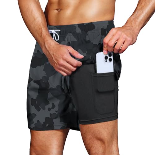 HMIYA Badehose Herren 2 in 1 Badeshorts Schwimmhose Schnelltrocknend Kurz Boardshorts mit Kompression und Reißverschlusstaschen(Camouflage L) von HMIYA