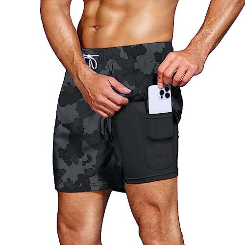 HMIYA Badehose Herren 2 in 1 Badeshorts Schwimmhose Schnelltrocknend Kurz Boardshorts mit Kompression und Reißverschlusstaschen(Camouflage XL) von HMIYA