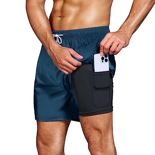 HMIYA Badehose Herren 2 in 1 Badeshorts Schwimmhose Schnelltrocknend Kurz Boardshorts mit Kompression und Reißverschlusstaschen(Denim Blau 3XL) von HMIYA