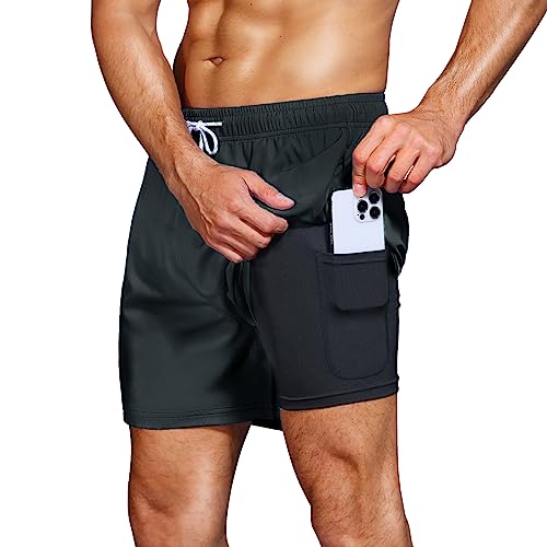 HMIYA Badehose Herren 2 in 1 Badeshorts Schwimmhose Schnelltrocknend Kurz Boardshorts mit Kompression und Reißverschlusstaschen(Dunkelgrau 01 4XL) von HMIYA