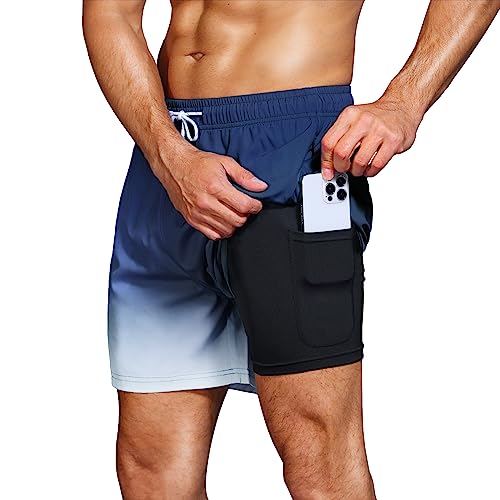 HMIYA Badehose Herren 2 in 1 Badeshorts Schwimmhose Schnelltrocknend Kurz Boardshorts mit Kompression und Reißverschlusstaschen(Farbverlauf Marineblau 4XL) von HMIYA