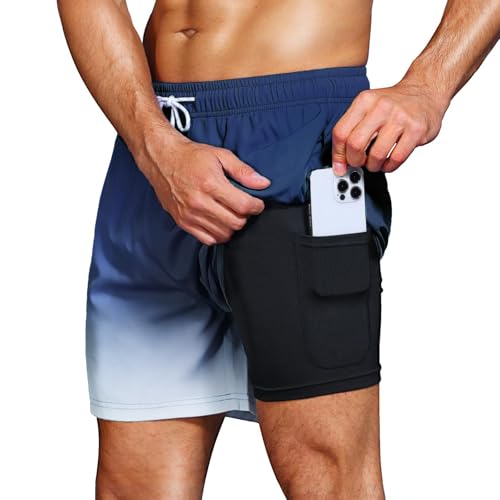 HMIYA Badehose Herren 2 in 1 Badeshorts Schwimmhose Schnelltrocknend Kurz Boardshorts mit Kompression und Reißverschlusstaschen(Farbverlauf Marineblau M) von HMIYA