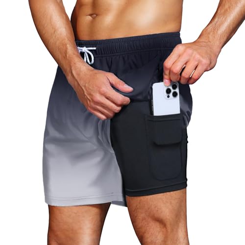 HMIYA Badehose Herren 2 in 1 Badeshorts Schwimmhose Schnelltrocknend Kurz Boardshorts mit Kompression und Reißverschlusstaschen(Farbverlauf Schwarz Grau 4XL) von HMIYA