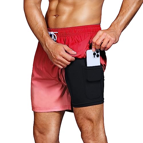 HMIYA Badehose Herren 2 in 1 Badeshorts Schwimmhose Schnelltrocknend Kurz Boardshorts mit Kompression und Reißverschlusstaschen(Farbverlauf rot 3XL) von HMIYA