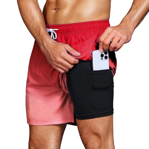 HMIYA Badehose Herren 2 in 1 Badeshorts Schwimmhose Schnelltrocknend Kurz Boardshorts mit Kompression und Reißverschlusstaschen(Farbverlauf rot L) von HMIYA