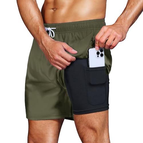 HMIYA Badehose Herren 2 in 1 Badeshorts Schwimmhose Schnelltrocknend Kurz Boardshorts mit Kompression und Reißverschlusstaschen(Gelblich Grün 3XL) von HMIYA