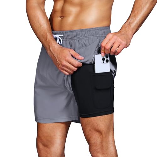 HMIYA Badehose Herren 2 in 1 Badeshorts Schwimmhose Schnelltrocknend Kurz Boardshorts mit Kompression und Reißverschlusstaschen(Graublau XXL) von HMIYA