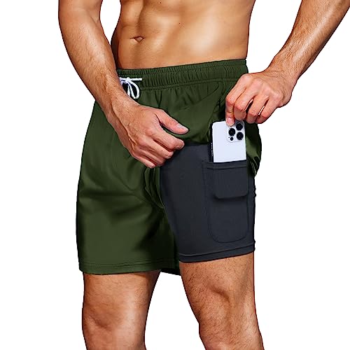 HMIYA Badehose Herren 2 in 1 Badeshorts Schwimmhose Schnelltrocknend Kurz Boardshorts mit Kompression und Reißverschlusstaschen(Green 01 4XL) von HMIYA