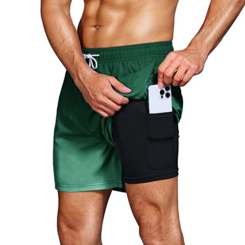 HMIYA Badehose Herren 2 in 1 Badeshorts Schwimmhose Schnelltrocknend Kurz Boardshorts mit Kompression und Reißverschlusstaschen(Grüner Farbverlauf 3XL) von HMIYA