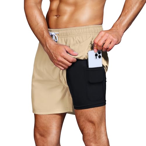 HMIYA Badehose Herren 2 in 1 Badeshorts Schwimmhose Schnelltrocknend Kurz Boardshorts mit Kompression und Reißverschlusstaschen(Khaki XXL) von HMIYA