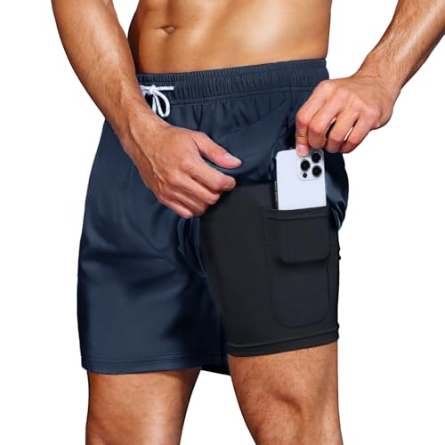 HMIYA Badehose Herren 2 in 1 Badeshorts Schwimmhose Schnelltrocknend Kurz Boardshorts mit Kompression und Reißverschlusstaschen(Marineblau L) von HMIYA