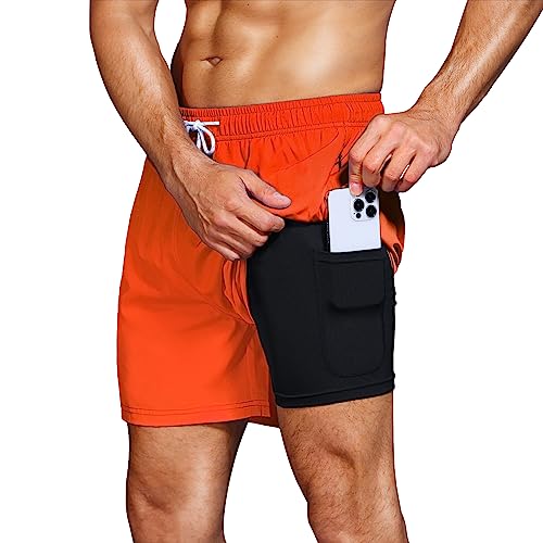 HMIYA Badehose Herren 2 in 1 Badeshorts Schwimmhose Schnelltrocknend Kurz Boardshorts mit Kompression und Reißverschlusstaschen(Orange A XL) von HMIYA