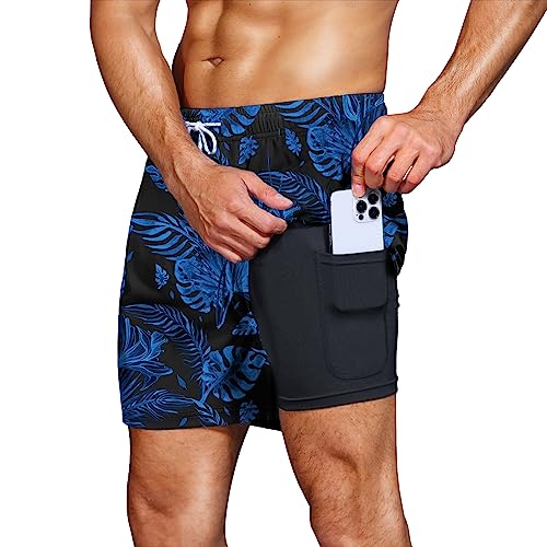 HMIYA Badehose Herren 2 in 1 Badeshorts Schwimmhose Schnelltrocknend Kurz Boardshorts mit Kompression und Reißverschlusstaschen(Palmblatt Blau 4XL) von HMIYA