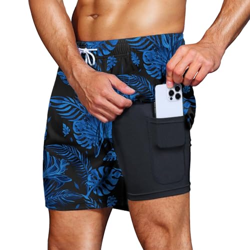 HMIYA Badehose Herren 2 in 1 Badeshorts Schwimmhose Schnelltrocknend Kurz Boardshorts mit Kompression und Reißverschlusstaschen(Palmblatt Blau L) von HMIYA