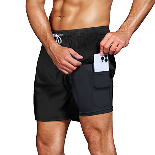 HMIYA Badehose Herren 2 in 1 Badeshorts Schwimmhose Schnelltrocknend Kurz Boardshorts mit Kompression und Reißverschlusstaschen(Schwarz 3XL) von HMIYA