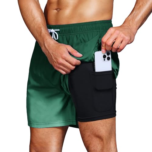 HMIYA Badehose Herren 2 in 1 Badeshorts Schwimmhose Schnelltrocknend Kurz Boardshorts mit Kompression und Reißverschlusstaschen(Grüner Farbverlauf XXL) von HMIYA