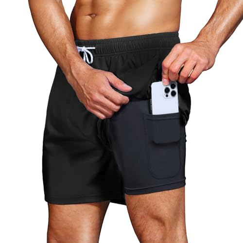 HMIYA Badehose Herren 2 in 1 Badeshorts Schwimmhose Schnelltrocknend Kurz Boardshorts mit Kompression und Reißverschlusstaschen(Schwarz XL) von HMIYA