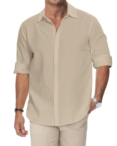 HMIYA Baumwolle Leinenhemd Herren Langarm Hemd Knopfleiste Freizeithemd Regular Fit Stehkragen Hemd,Beige,4XL von HMIYA