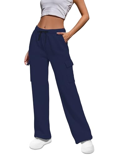 HMIYA Jogginghose Damen Baumwolle Cargohose High Waist Cargo Hose Lang Freizeithose weitem Bein Sporthose Traininghose mit Taschen(Marineblau A,XXL) von HMIYA