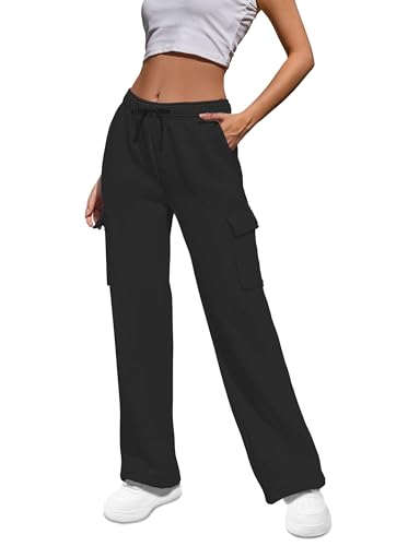 HMIYA Jogginghose Damen Baumwolle Cargohose High Waist Cargo Hose Lang Freizeithose weitem Bein Sporthose Traininghose mit Taschen(Schwarz A,4XL) von HMIYA