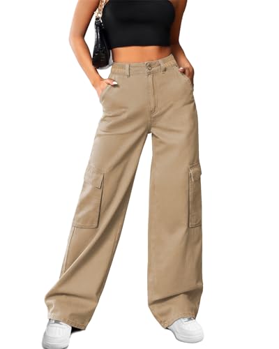 HMIYA Cargohose Damen Baggy Y2K High Waist Cargo Hose Weite Baumwolle Jogginghose Lang Freizeithose mit Taschen(Helles Khaki,L) von HMIYA