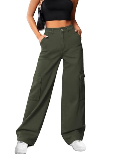 HMIYA Cargohose Damen Baggy Y2K High Waist Cargo Hose Weite Baumwolle Jogginghose Lang Freizeithose mit Taschen(Armee Grün,3XL) von HMIYA