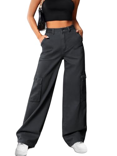 HMIYA Cargohose Damen Baggy Y2K High Waist Cargo Hose Weite Baumwolle Jogginghose Lang Freizeithose mit Taschen(Dunkelgrau A,M) von HMIYA