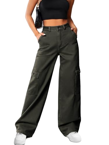 HMIYA Cargohose Damen Baggy Y2K High Waist Cargo Hose Weite Baumwolle Jogginghose Lang Freizeithose mit Taschen(Dunkelgrün,L) von HMIYA