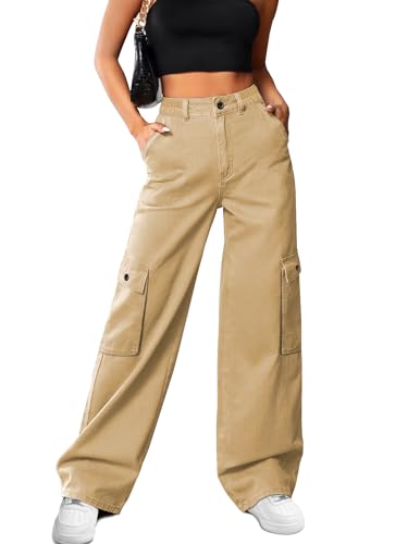 HMIYA Cargohose Damen Baggy Y2K High Waist Cargo Hose Weite Baumwolle Jogginghose Lang Freizeithose mit Taschen(Khaki B,3XL) von HMIYA