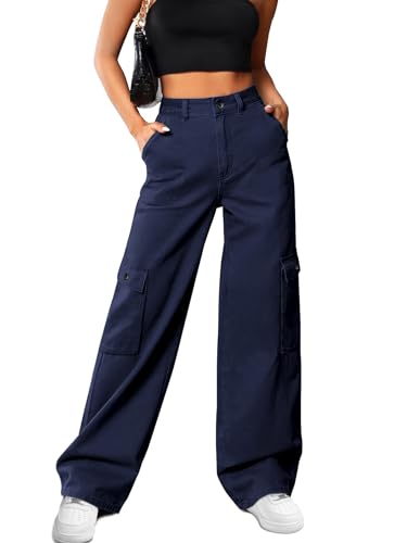 HMIYA Cargohose Damen Baggy Y2K High Waist Cargo Hose Weite Baumwolle Jogginghose Lang Freizeithose mit Taschen(Marineblau A,M) von HMIYA