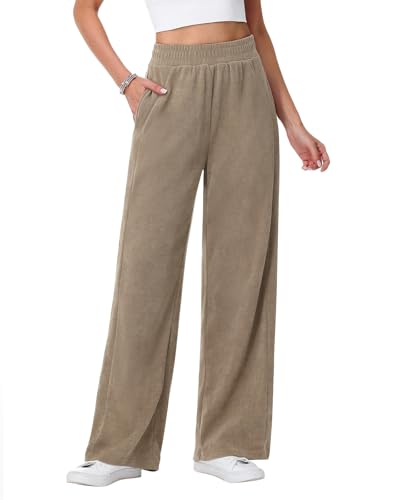 HMIYA Cordhose Damen Weites Bein Herbst Bequeme Stoffhose Locker Palazzo Hose Hohe Taille Freizeithose mit Taschen,Beige,3XL von HMIYA