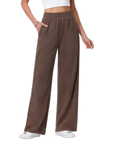 HMIYA Cordhose Damen Weites Bein Herbst Bequeme Stoffhose Locker Palazzo Hose Hohe Taille Freizeithose mit Taschen,Braun,L von HMIYA