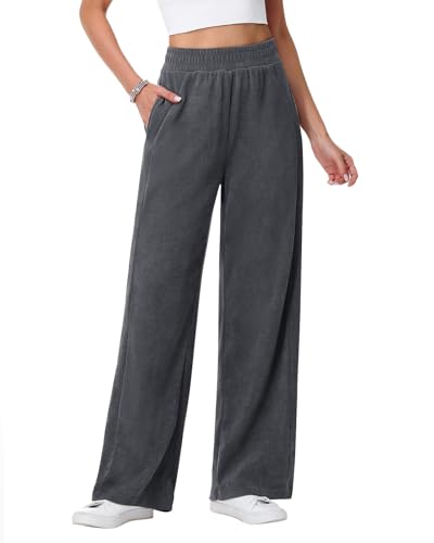 HMIYA Cordhose Damen Weites Bein Herbst Bequeme Stoffhose Locker Palazzo Hose Hohe Taille Freizeithose mit Taschen,Dunkelgrau,L von HMIYA