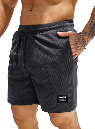 HMIYA Corduroy Shorts Herren Kurze Hosen Sommer Bermuda Freizeitshorts Baumwolle Elastische Taille mit Taschen(DunkelgrauEU-3XL) von HMIYA