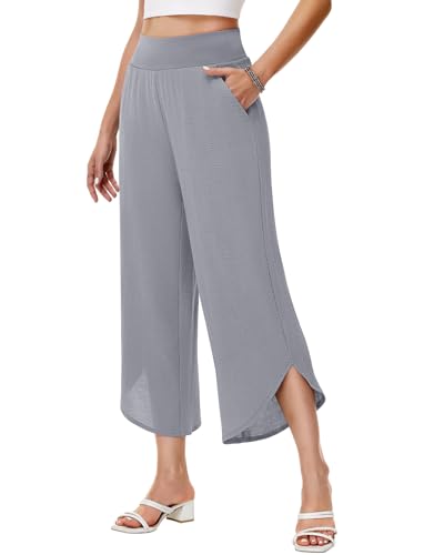 HMIYA Damen 3/4 Culotte Hose Leicht Hohe Taille Sommerhose Weite Schlitzdesign Freizeithose,Grau,M von HMIYA