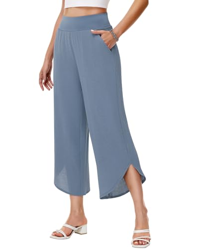 HMIYA Damen 3/4 Culotte Hose Leicht Hohe Taille Sommerhose Weite Schlitzdesign Freizeithose,Haze Blue,S von HMIYA