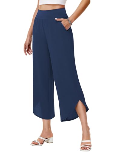 HMIYA Damen 3/4 Culotte Hose Leicht Hohe Taille Sommerhose Weite Schlitzdesign Freizeithose,Navy,M von HMIYA