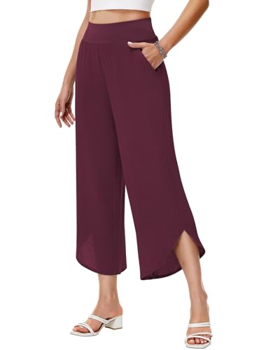 HMIYA Damen 3/4 Culotte Hose Leicht Hohe Taille Sommerhose Weite Schlitzdesign Freizeithose,Purpurrot,2XL von HMIYA
