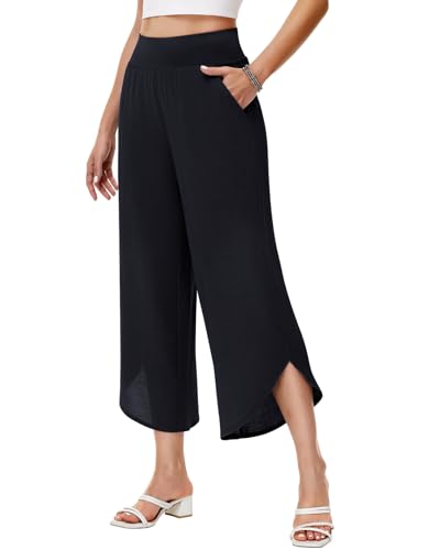 HMIYA Damen 3/4 Culotte Hose Leicht Hohe Taille Sommerhose Weite Schlitzdesign Freizeithose,Schwarze,XL von HMIYA