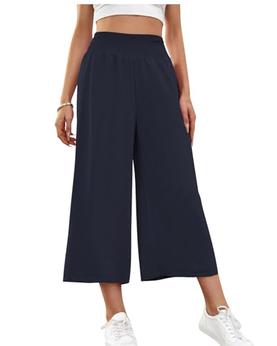 HMIYA Damen 3/4 Culotte Hose Leichte Weites Bein Sommerhose,Navy,L von HMIYA