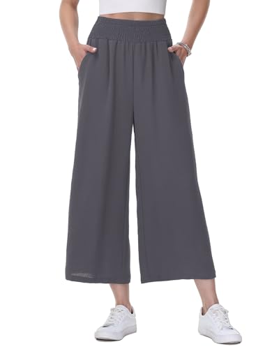 HMIYA Damen 3/4 Culotte Hose Leichte und Luftig Sommerhose Weites Bein Stoffhose,Grau,XL von HMIYA