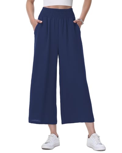 HMIYA Damen 3/4 Culotte Hose Leichte und Luftig Sommerhose Weites Bein Stoffhose,Navy,M von HMIYA