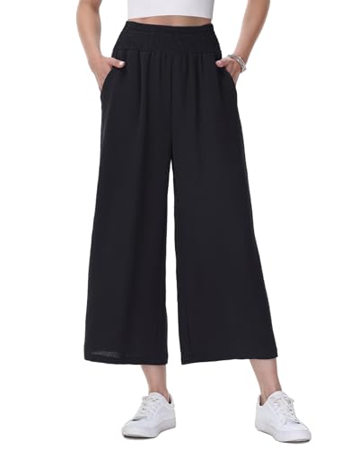 HMIYA Damen 3/4 Culotte Hose Leichte und Luftig Sommerhose Weites Bein Stoffhose,Schwarze,M von HMIYA