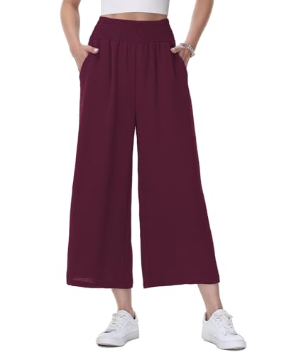 HMIYA Damen 3/4 Culotte Hose Leichte und Luftig Sommerhose Weites Bein Stoffhose,Weinrot,L von HMIYA