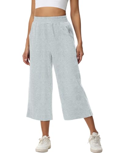 HMIYA Damen 3/4 Baumwolle Culotte Hose Leicht Sommerhose aus Dreiviertel Jogginghose Caprihose Damen Sommer mit Taschen,Grau,L von HMIYA
