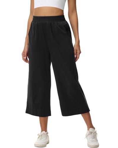 HMIYA Damen 3/4 Baumwolle Culotte Hose Leicht Sommerhose aus Dreiviertel Jogginghose Caprihose Damen Sommer mit Taschen,Schwarze,XS von HMIYA