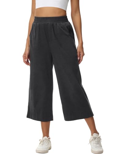 HMIYA Damen 3/4 Baumwolle Culotte Hose Leicht Sommerhose aus Dreiviertel Jogginghose Caprihose Damen Sommer mit Taschen,Dunkelgrau,M von HMIYA