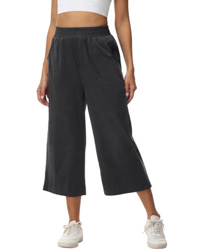 HMIYA Damen 3/4 Culotte Hose leicht Sommerhose aus Baumwolle mit Taschen,Dunkelgrau,S von HMIYA